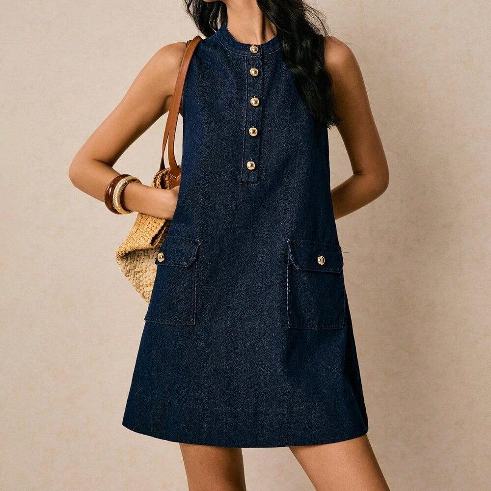Dark Wash Casual Women's Denim Sleeveless A-Line Dress